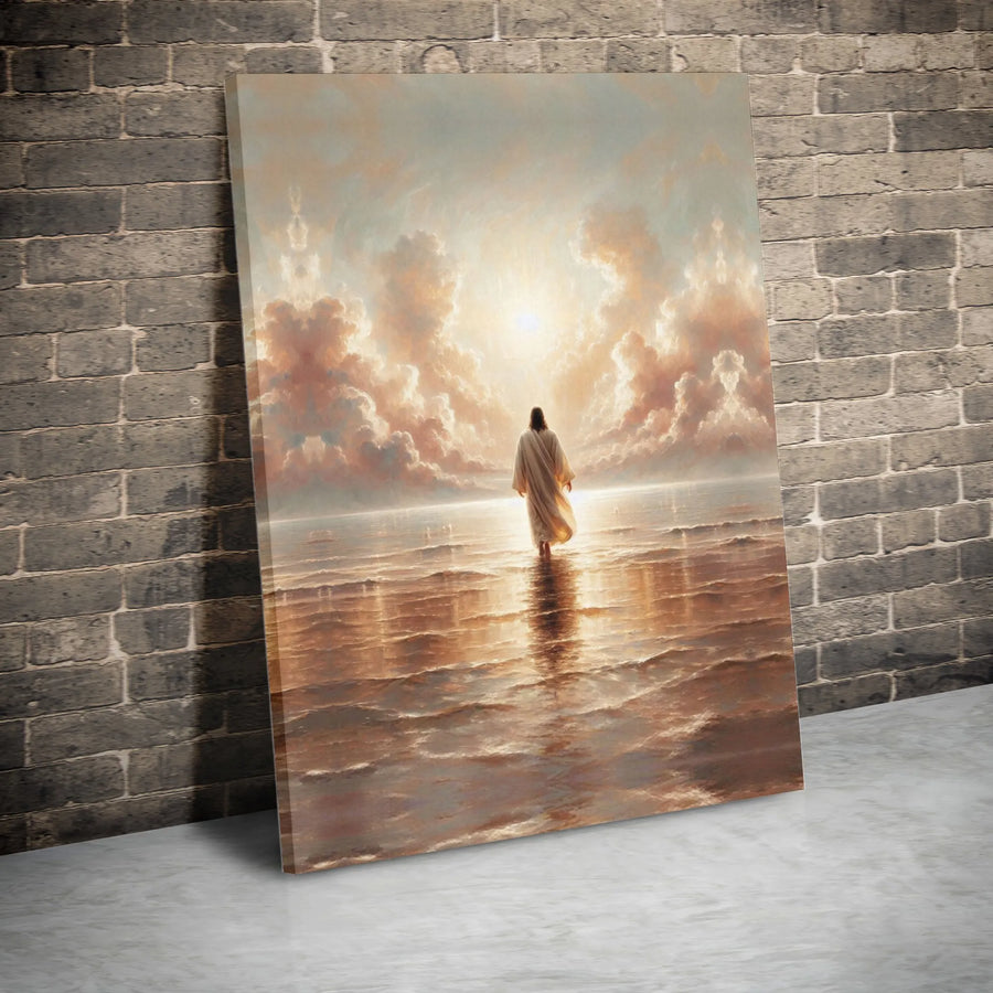 Jesus Walking On Water Canvas Print | Religious Sunrise Wall Art | 1.25 Inch Premium Gallery Wrap | Christian Home Decor Gift