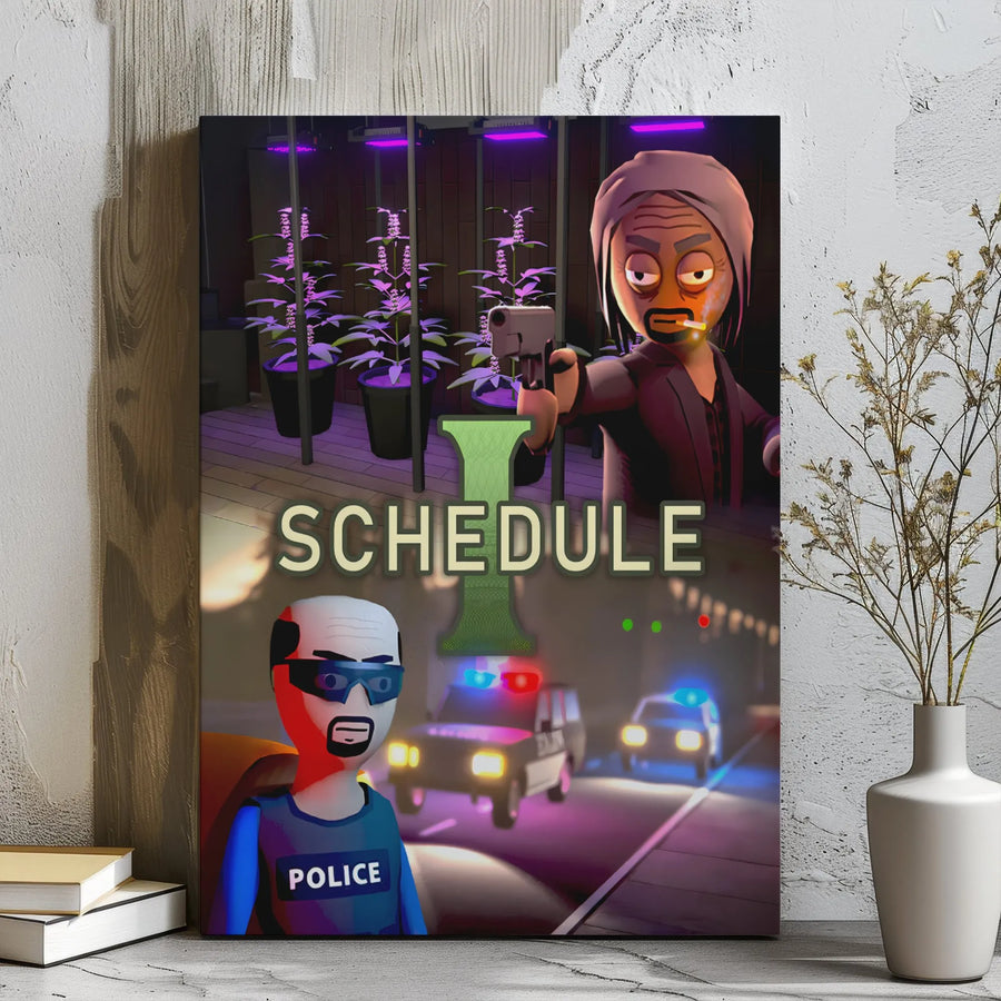 Schedule I Cannabis Art Canvas | Cartoon Police Grow Op Scene | Premium Gallery Wrap Wall Decor | Edgy Stoner Gift for Office