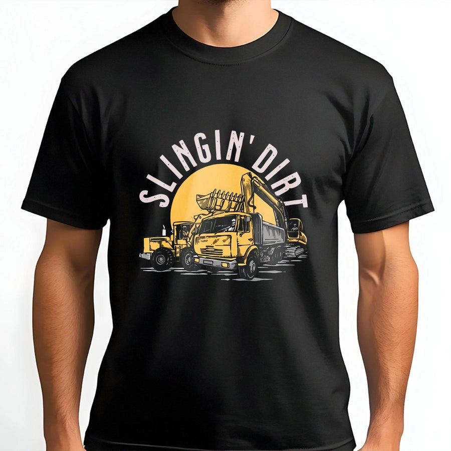 Heavy Equipment Operator T-Shirt | Slingin' Dirt Excavator Graphic | 100% Cotton Premium Tee | Funny Construction Worker Gift for Men