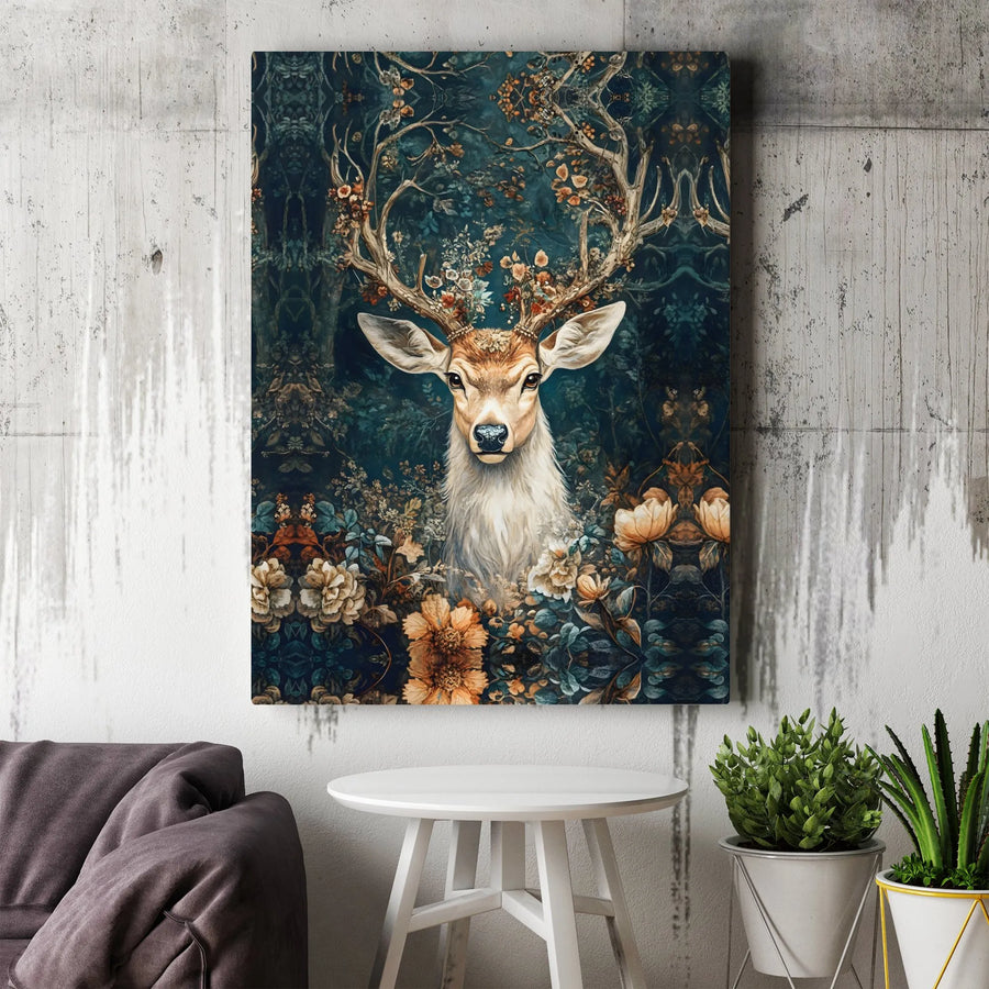 Majestic Deer Canvas Wall Art | Enchanted Forest Floral Antler Print | Premium Gallery Wrap 1.25 Inch | Whimsical Nature Home Decor Gift