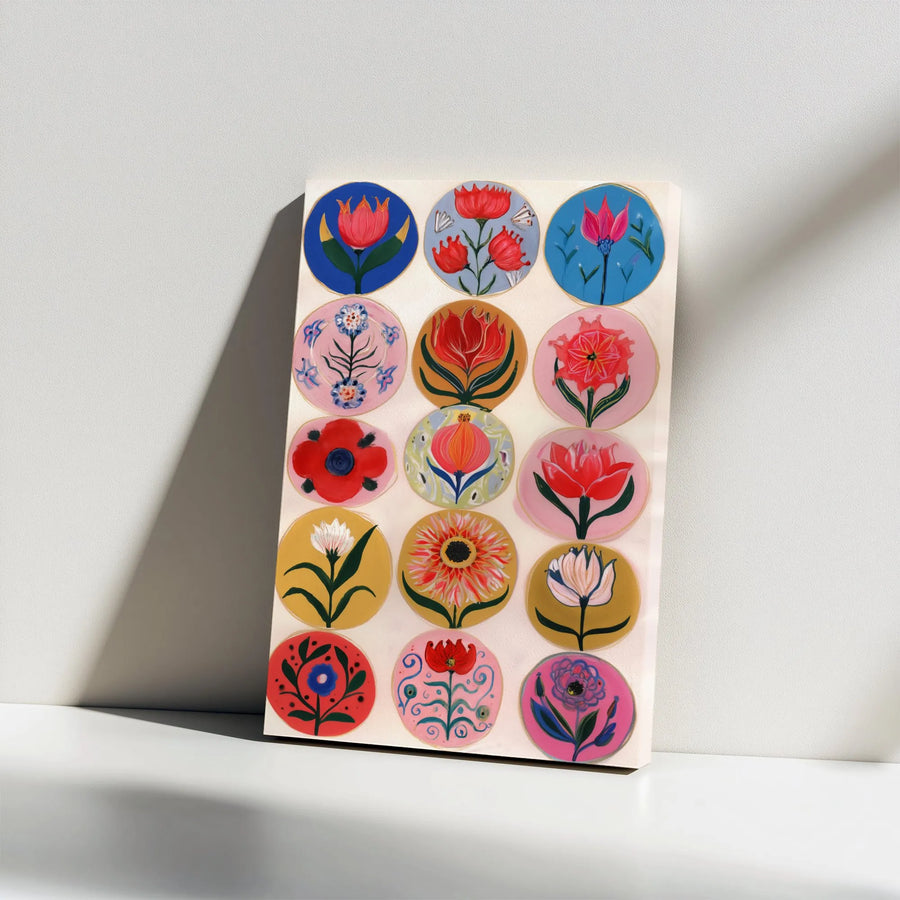 Floral Wall Art Canvas | Colorful Botanical Medallion Collage | Gallery Wrapped 1.25 Inch Frame | Modern Home Decor Gift