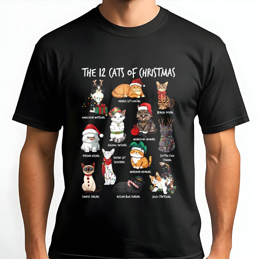 12 Cats of Christmas T-Shirt | Festive Feline Holiday Graphic Tee | Premium 100% Cotton | Cute Cat Lover Christmas Gift for Women and Men