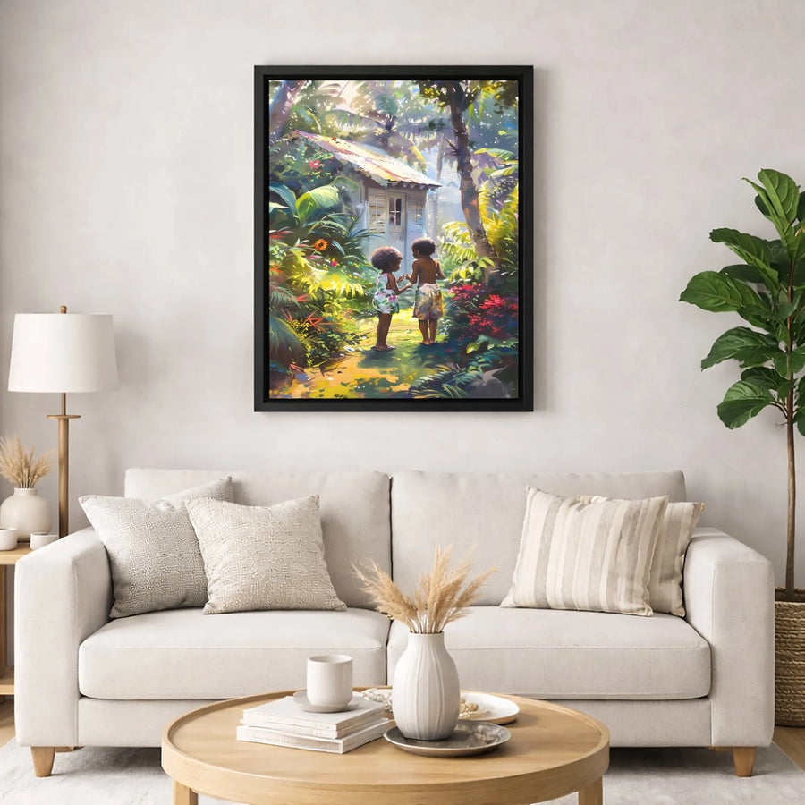 Tropical Garden Kids Canvas Art | Whimsical Jungle Landscape Print | Premium Gallery-Wrapped 1.25" Profile | Black Children Wall Decor Gift