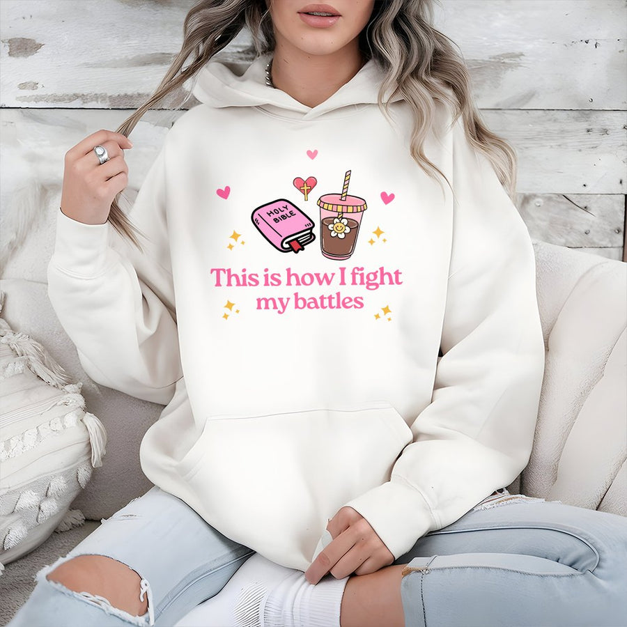 This Is How I Fight My Battles Hoodie | Bible And Coffee Graphic Design | Premium Cotton Blend | Christian Gift For Women Faith Apparel