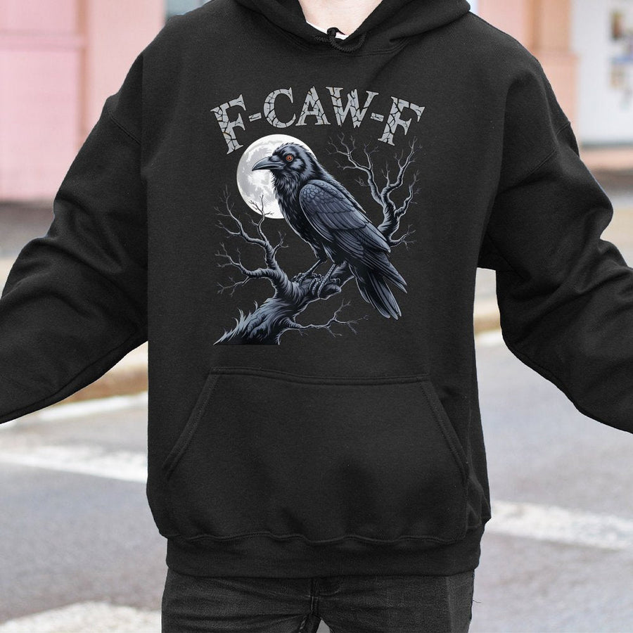 Raven Hoodie F-Caw-F Graphic | Spooky Crow Moonlight Design | Cotton Blend Premium Pullover | Gothic Horror Gift for Dark Academia Fans