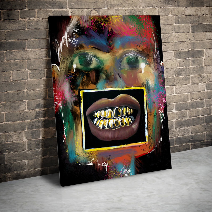 Abstract Graffiti Portrait Canvas | Gold Grillz Urban Art Print | Premium Fade-Resistant Wall Decor | Modern Edgy Home & Office Gift