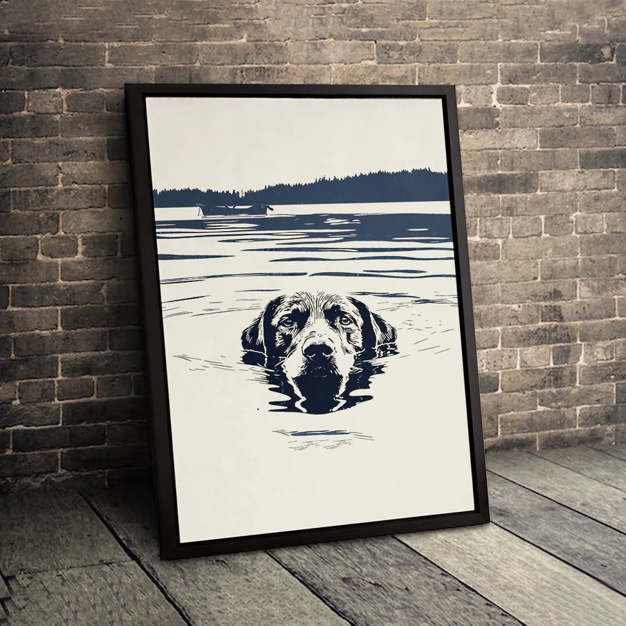 Swimming Labrador Canvas Wall Art | Linocut Style Lake Scene | Gallery-Wrapped Premium Print | Dog Lover Decor & Gift