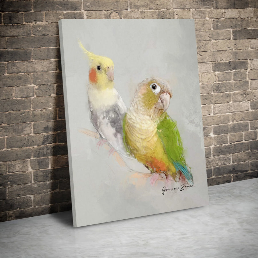 Cockatiel and Green Cheeked Conure Art | Watercolor Bird Portrait Print | Gallery-Quality 1.25" Canvas | Bird Lover Home Decor Gift