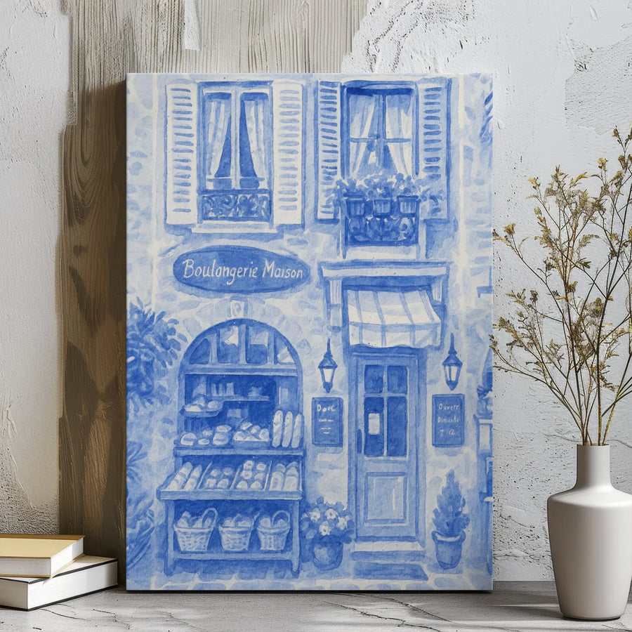 French Bakery Canvas Print | Blue and White Watercolor Shop Facade | Premium Gallery Wrapped Wall Art | Aesthetic Kitchen Home Decor Gift