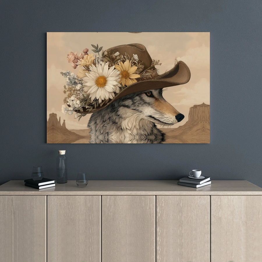Western Wolf Canvas Wall Art | Cowboy Hat Floral Design | 1.25 Inch Gallery Wrap Premium Print | Rustic Farmhouse Home Decor Gift