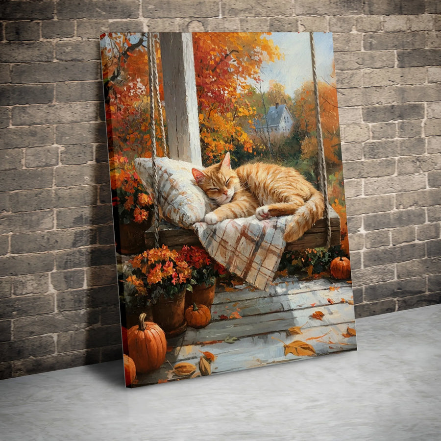 Autumn Cat Wall Art | Sleeping Ginger Tabby on Porch Swing Canvas | Premium Fade-Resistant Print | Cozy Fall Home Decor Gift