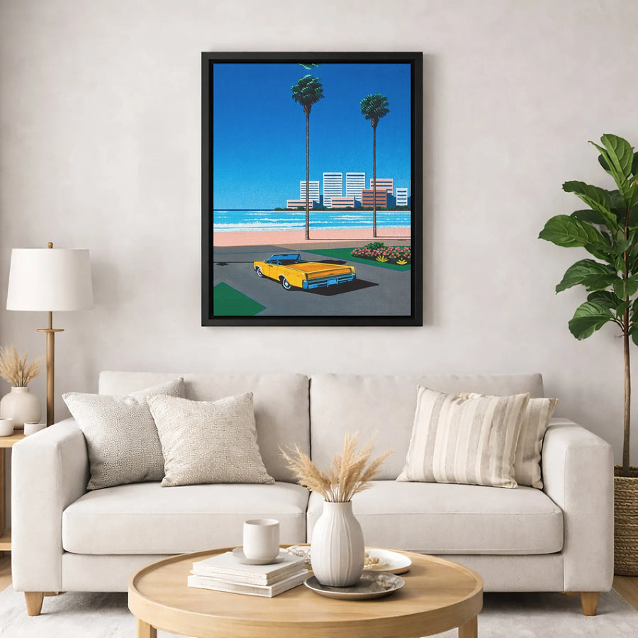 Retro 80s City Pop Art Canvas | Yellow Convertible Palm Tree Beach Print | Gallery-Quality 1.25 Inch Wrap | Aesthetic Vaporwave Wall Decor
