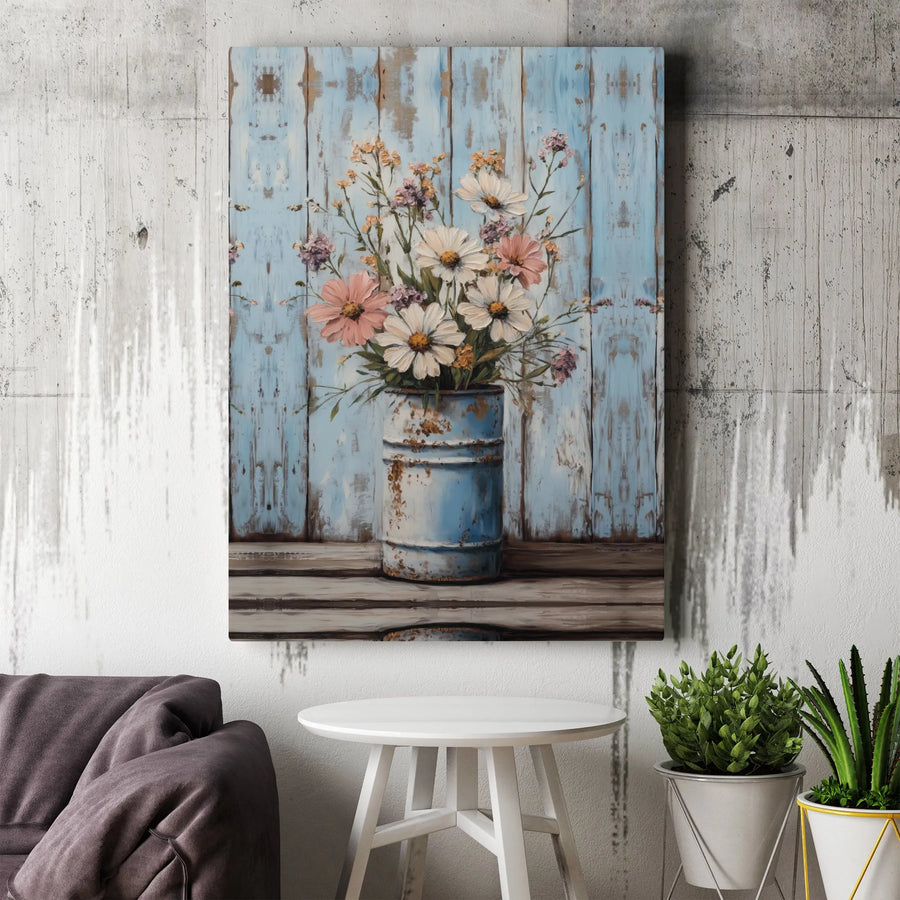 Rustic Wildflower Canvas Wall Art | Blue Farmhouse Floral Bouquet | Premium 1.25 inch Gallery Wrap | Country Home Decor Gift