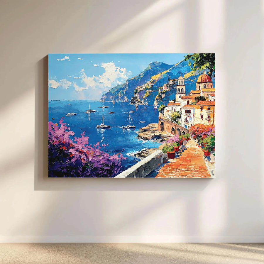 Amalfi Coast Mediterranean Sea Horizontal Canvas | Vibrant Palette Knife Textured Oil Painting Print | Premium 1.25 Inch Gallery Wrap | Luxury Housewarming Gift for Travel Lovers