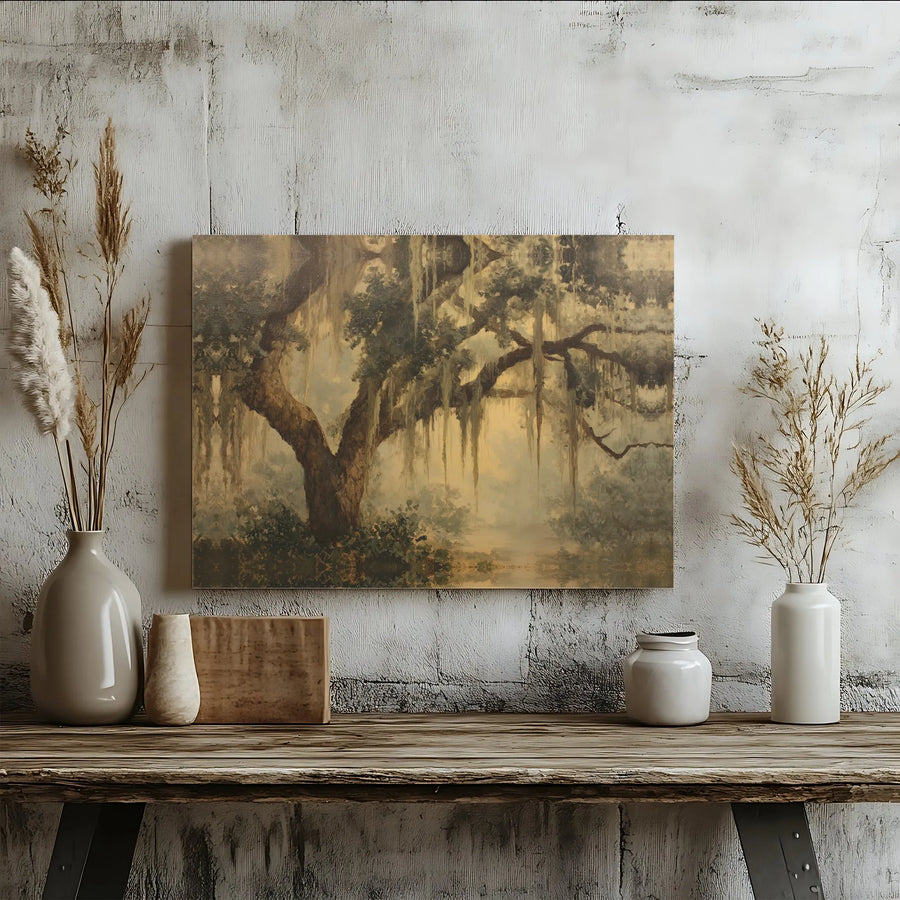 Vintage Southern Live Oak Horizontal Canvas | Misty Spanish Moss Bayou Landscape Print | Premium 1.25 Inch Gallery Wrap | Elegant Living Room Wall Art Gift