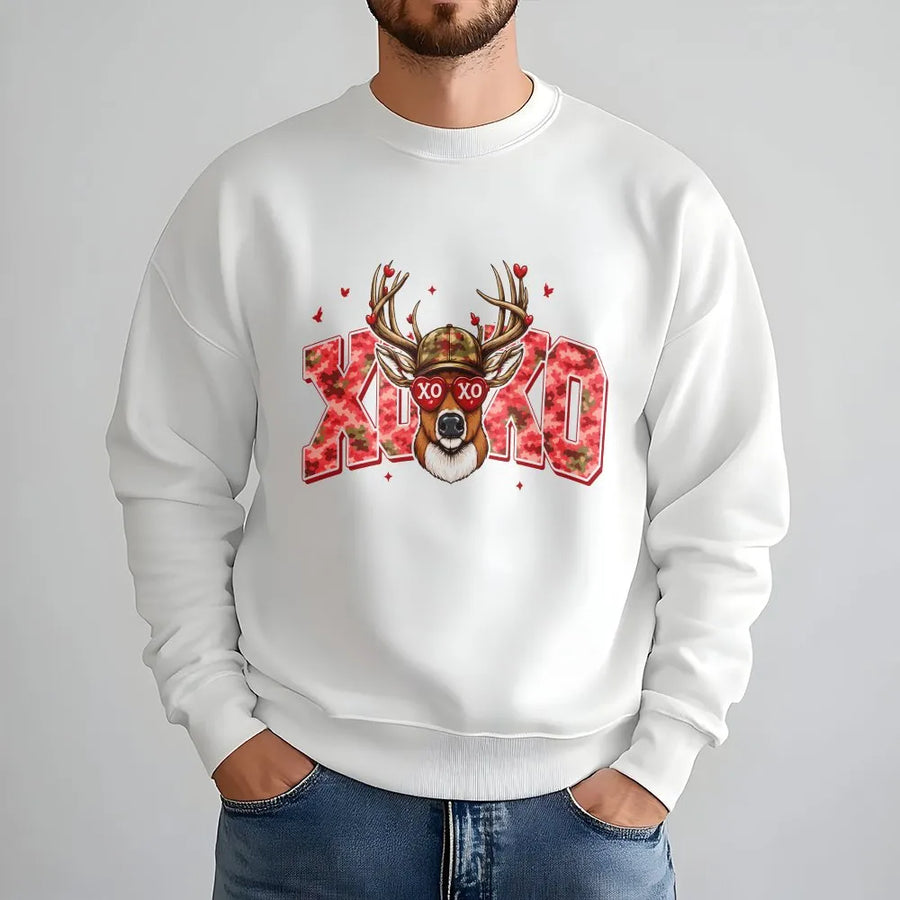 Valentine Deer Sweatshirt | Pink Camo XOXO Graphic with Heart Sunglasses | Premium Soft Cotton Blend | Valentine's Day Gift for Her
