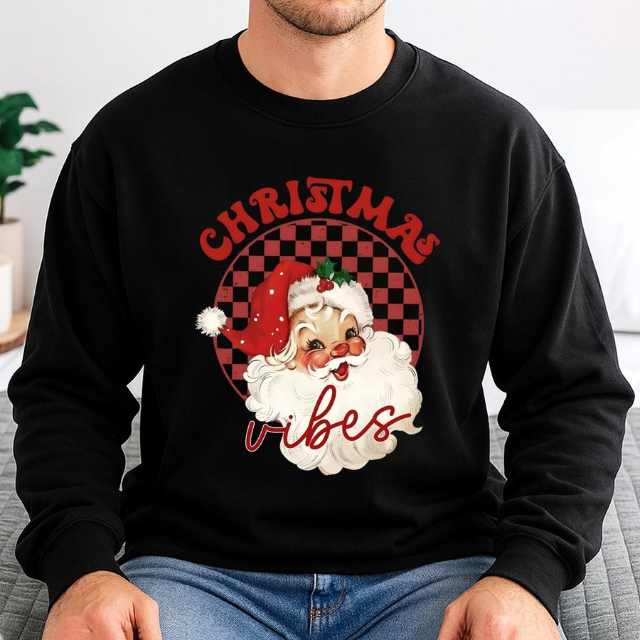 Christmas Vibes Sweatshirt | Retro Santa Graphic with Checkered Background | Premium Cotton Blend Crewneck | Cozy Holiday Gift for Women