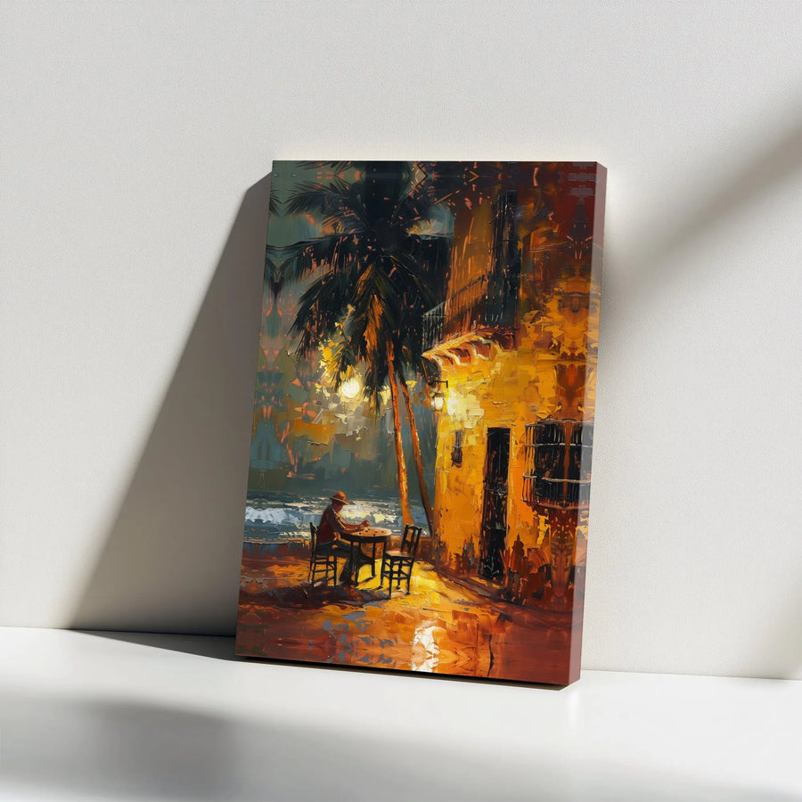 Coastal Night Scene Canvas Wall Art | Impressionist Man by the Sea Painting | Premium Gallery-Wrapped Print | Coastal Home & Office Decor Gift