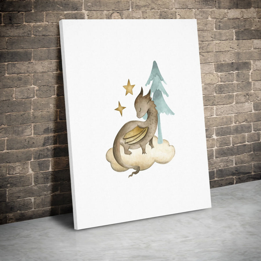 Baby Dragon Wall Art Canvas | Watercolor Sleeping Fantasy Creature | Premium Gallery Wrapped Print | Nursery Decor Gift For Kids