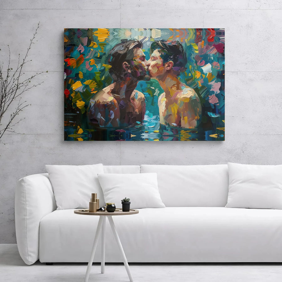 Gay Couple Kissing Canvas Art | Abstract Impasto Oil Painting Style | Premium Gallery-Wrapped Print | LGBTQ Pride Home Decor Wall Gift