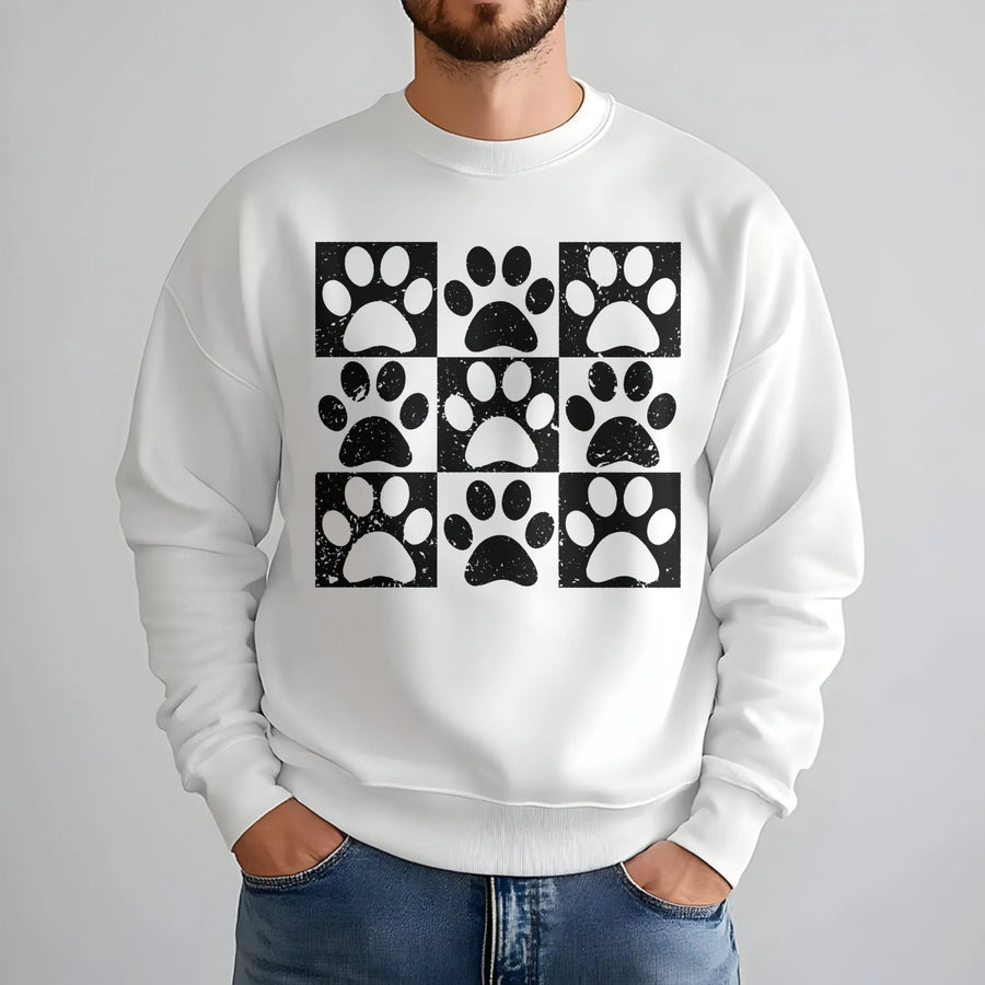 Paw Print Sweatshirt | Distressed Checkered Dog Cat Graphic | Premium Cotton Blend | Gift for Pet Lovers and Veterinarians