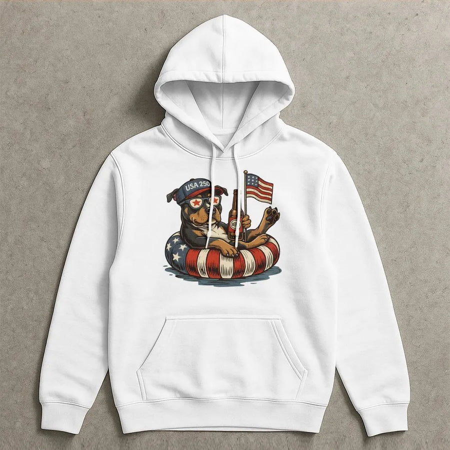 Patriotic Dog Hoodie | Funny USA 250 American Flag Graphic | Comfortable Cotton Blend Sweatshirt | Independence Day Gift for Dog Lover