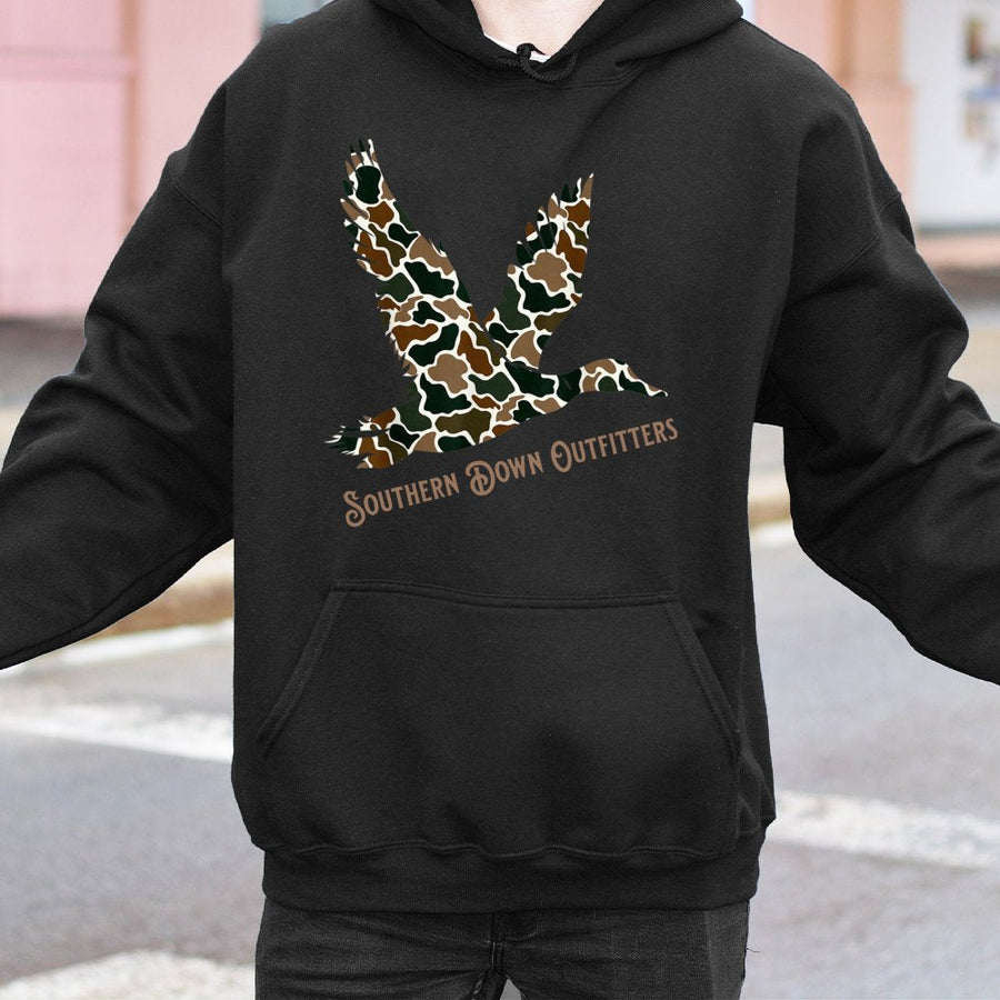 Camo Duck Hoodie | Southern Hunting Wildlife Graphic | Premium Cotton Blend | Gift For Outdoors Enthusiast & Hunter