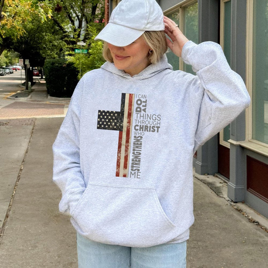 American Flag Cross Hoodie | I Can Do All Things Through Christ Verse | Premium Cotton Blend | Christian Religious Faith Gift for Men and Women