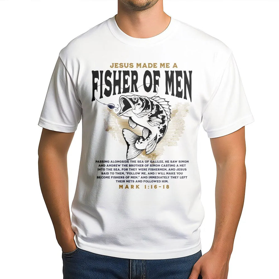 Fisher Of Men T-Shirt | Bible Verse Mark 1:16-18 Graphic Print | 100% Soft Cotton Premium Tee | Christian Fishing Gift For Men And Women