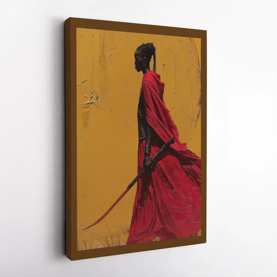 African Warrior Woman Canvas Wall Art | Red Robe Sword Fantasy Portrait | Gallery Wrap Premium Print | Empowering Home Office Decor Gift