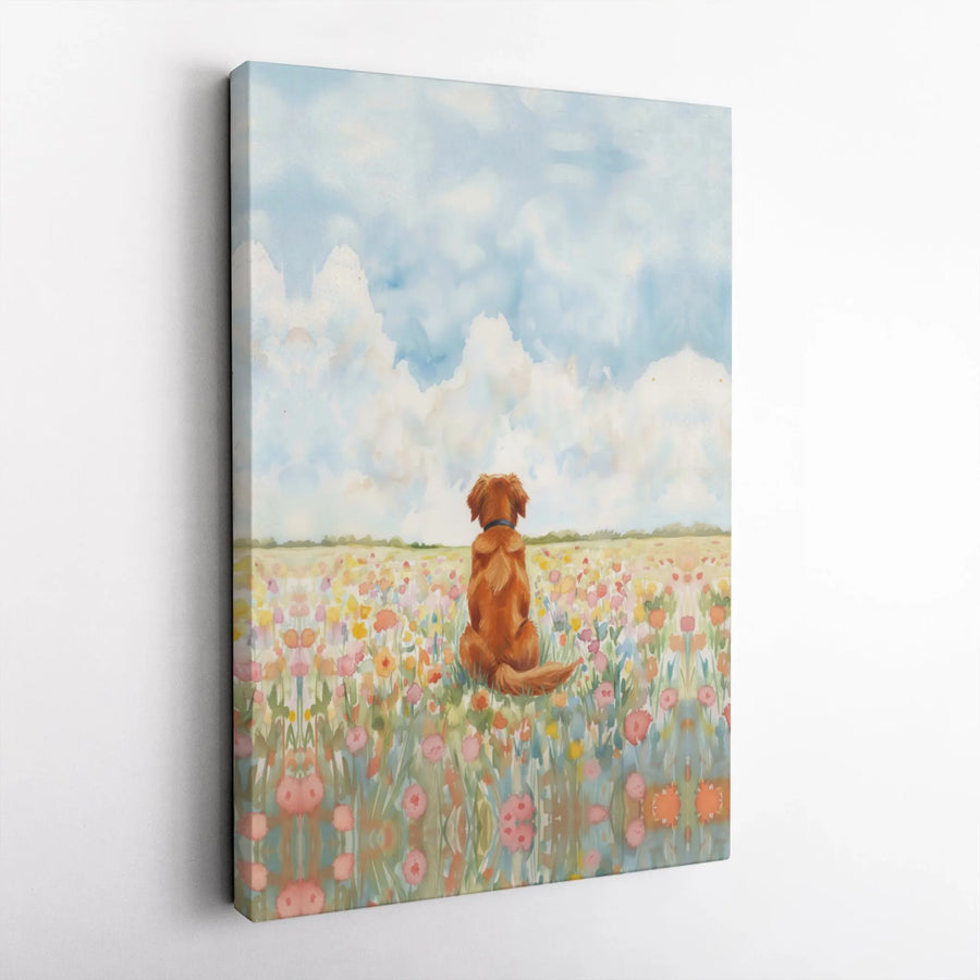 Golden Retriever Canvas Wall Art | Watercolor Wildflower Meadow Portrait | Premium Gallery Wrap Print | Dog Lover Home Decor Gift