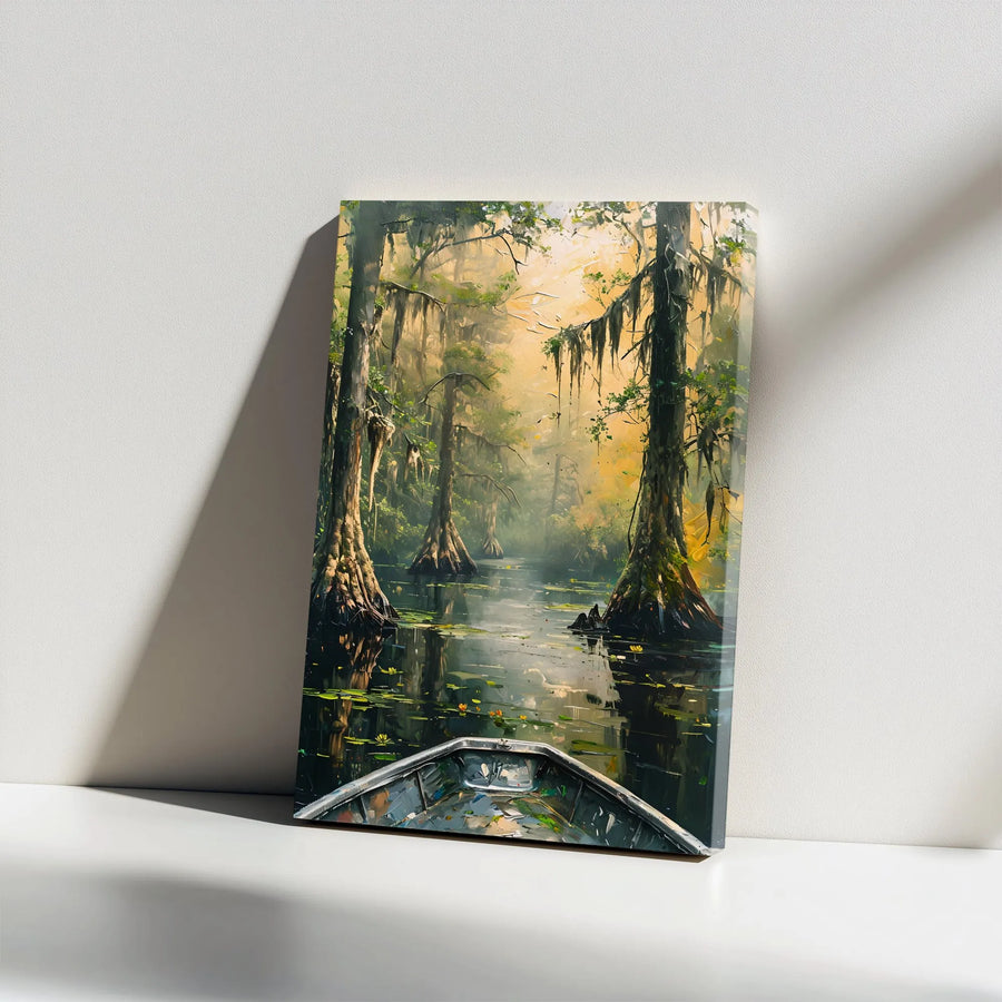 Southern Bayou Canvas Print | Misty Cypress Swamp Boat Scene | Premium Gallery Wrap Wall Art | Nature Lover Home Decor Gift