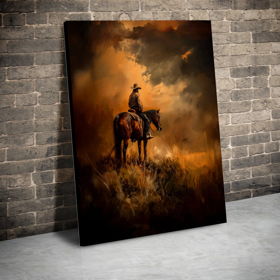 Western Cowboy Canvas Art | Sunset Lone Rider Horse Painting | Premium Gallery Wrapped Wall Decor | Rustic Farmhouse Home Office Gift