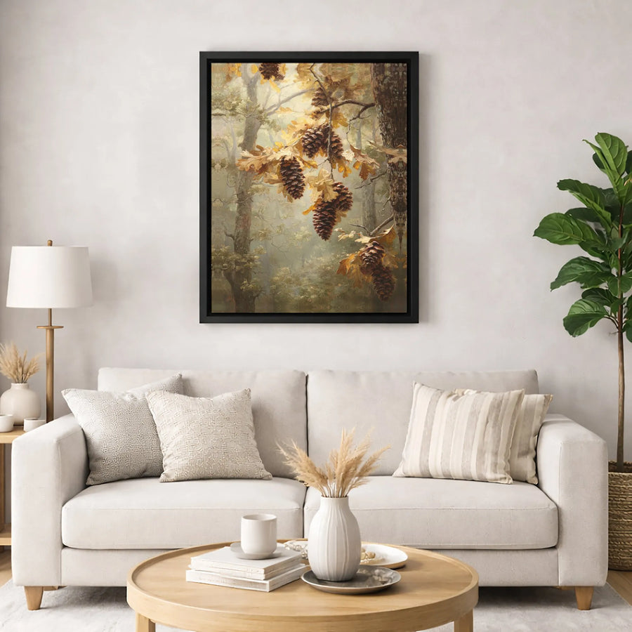 Autumn Forest Canvas Wall Art | Pine Cones and Oak Leaves Nature Print | Premium Gallery-Wrapped Decor | Seasonal Home Gift for Nature Lovers