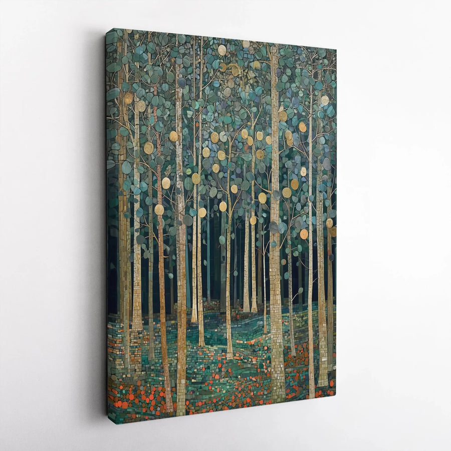 Abstract Forest Canvas Wall Art | Modern Mosaic Tree Artwork with Gold Accents | Premium Gallery Wrapped Print | Living Room & Office Decor