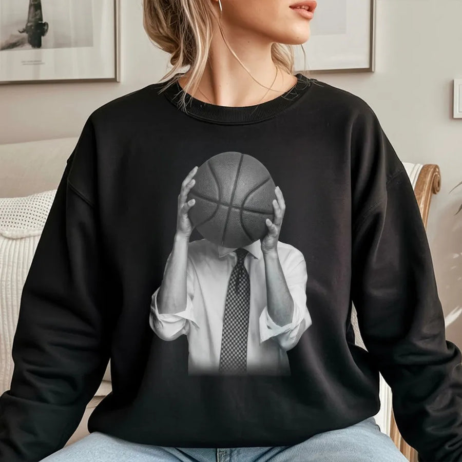 Basketball Head Sweatshirt | Surreal Man in Suit Graphic | Premium Soft Crewneck | Gift for Basketball Player & Fan