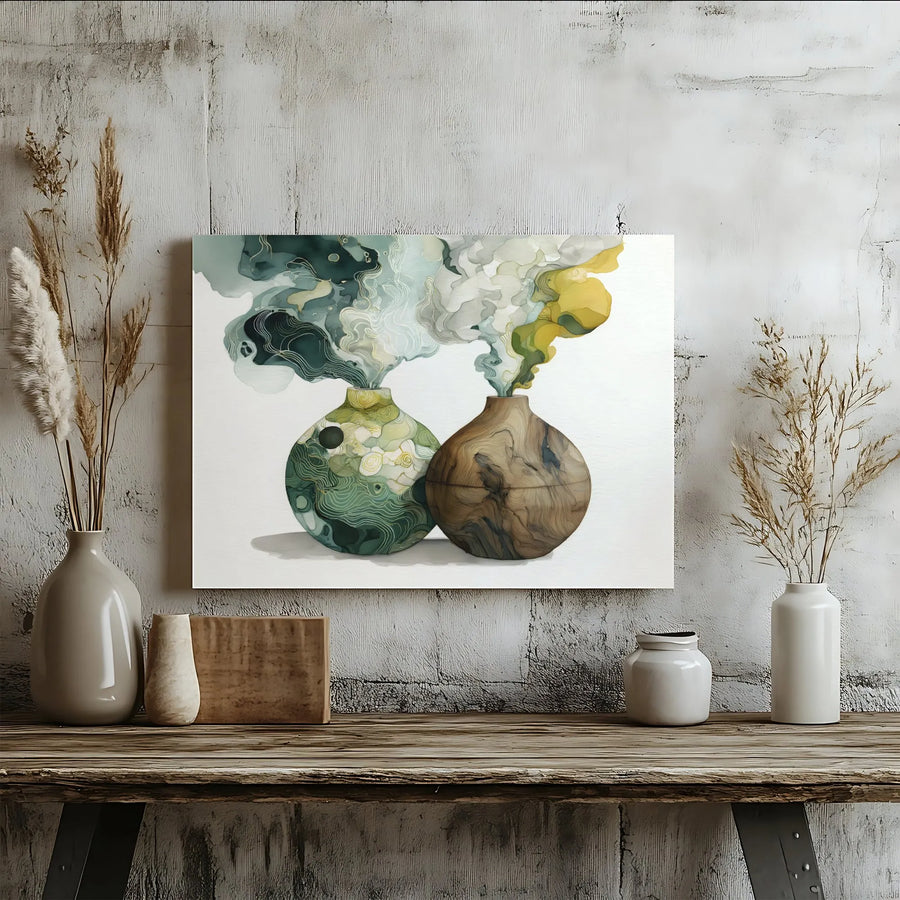 Abstract Vase Canvas Wall Art | Modern Watercolor Smoke with Gold Line Detail | Premium Gallery Wrapped Canvas | Zen Home & Office Decor Gift