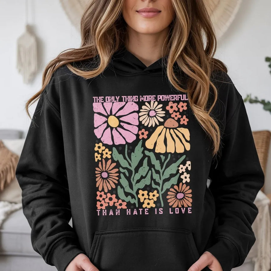 Retro Floral Hoodie | Kindness Quote Love Over Hate Graphic | Cozy Cotton Blend Pullover | Hippie Aesthetic Gift for Women