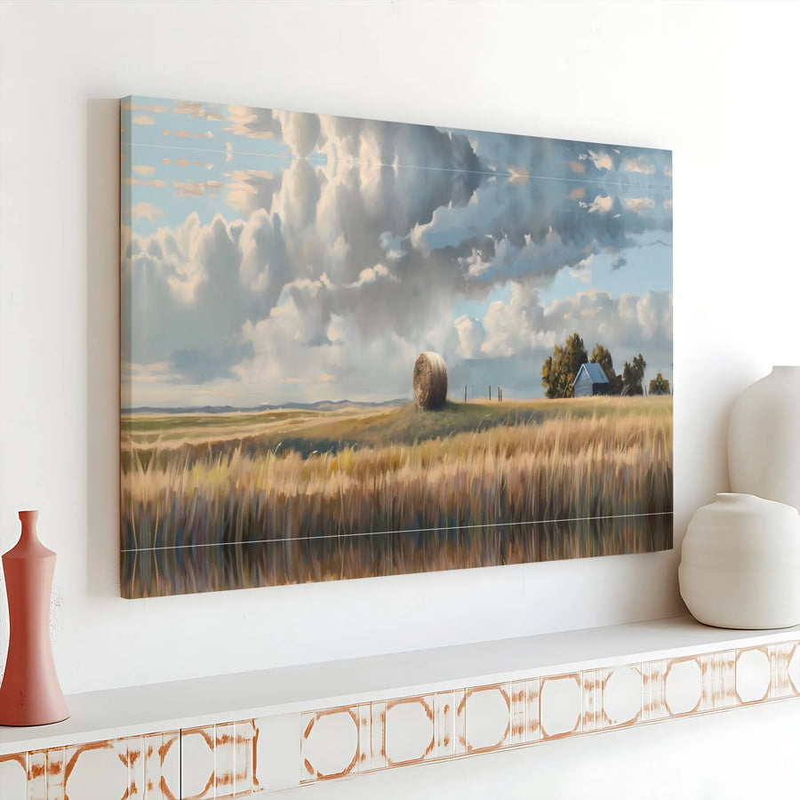 Rustic Farmhouse Canvas Print | American Prairie Landscape Painting | Premium Gallery Wrap Canvas | Rustic Home Decor Gift for Farmer