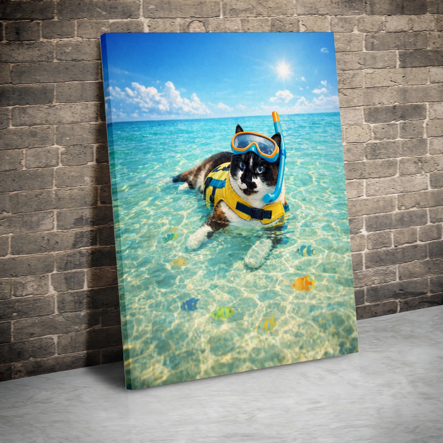 Snorkeling Cat Canvas Wall Art | Funny Tropical Beach Photo Print | Premium Gallery Wrap Canvas | Gift for Cat Lover, Coastal Bathroom Decor