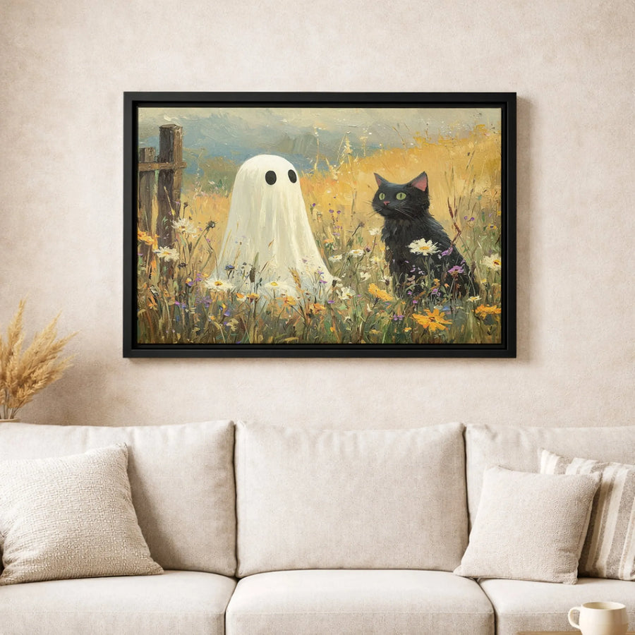 Ghost and Black Cat Canvas Art | Whimsical Wildflower Meadow Painting | Premium Gallery Wrap Print | Spooky Cute Halloween Home Decor