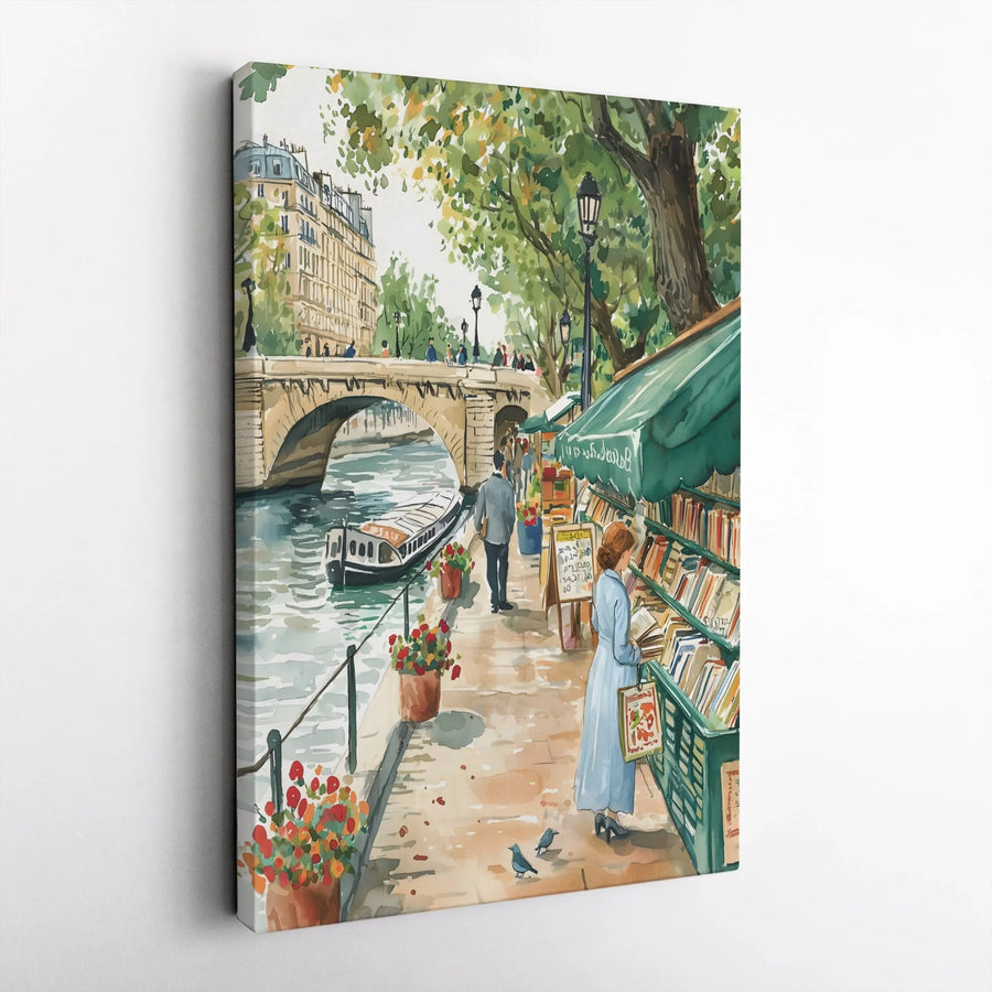 Paris Street Art Canvas | Watercolor Seine River Bookseller Print | Premium 1.25" Gallery Wrap | French Home Decor Gift