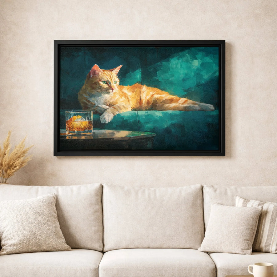 Orange Tabby Cat Canvas Print | Whimsical Whiskey Drinker Art | 1.25-Inch Gallery Wrap | Funny Pet Home Decor Gift for Cat Lovers