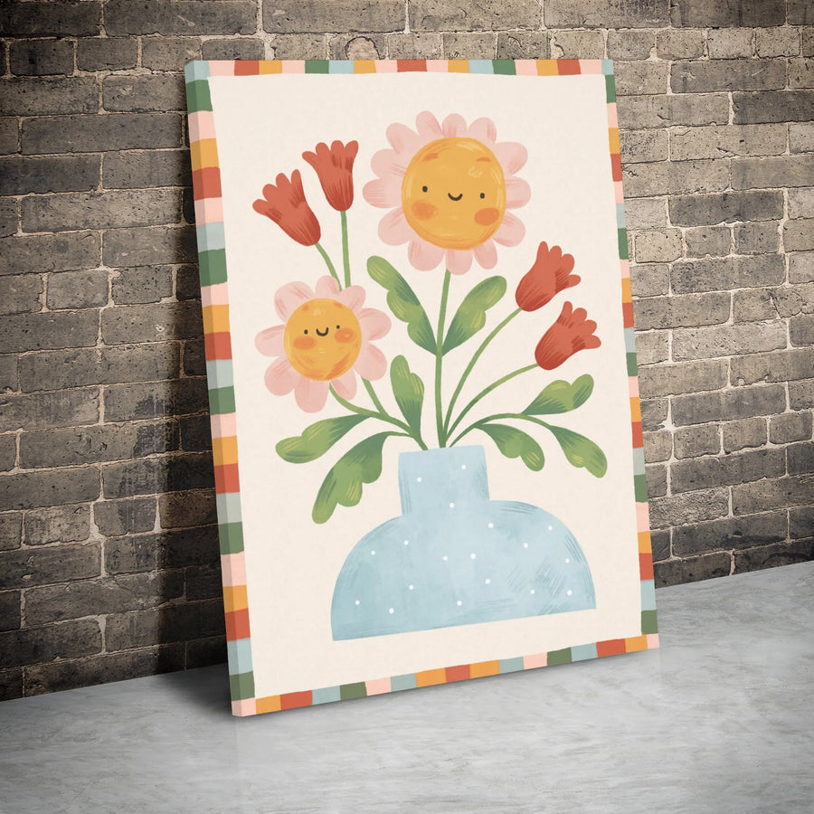 Smiling Flower Canvas Wall Art | Whimsical Floral Daisies and Tulips Illustration | Premium Gallery Wrapped Decor | Colorful Aesthetic Nursery Gift