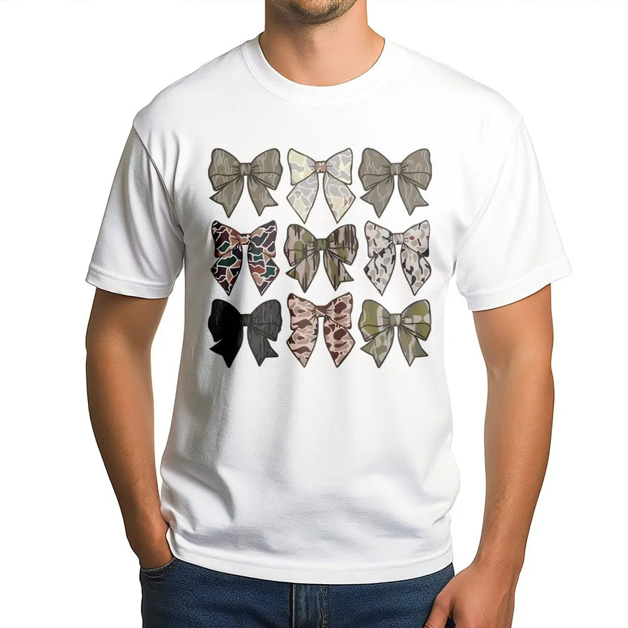 Camo Bow T-Shirt | Trendy Camouflage Ribbon Print | Premium Soft Cotton | Stylish Western Country Gift for Her