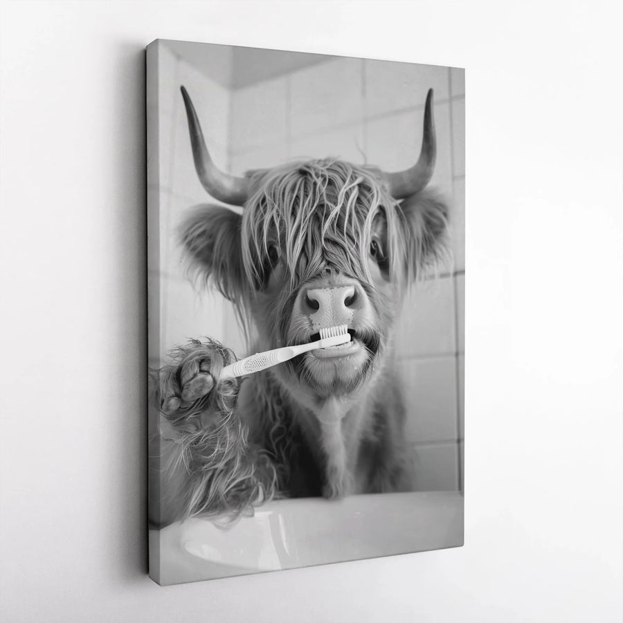 Highland Cow Bathroom Wall Art | Funny Animal Brushing Teeth Print | Gallery-Quality 1.25" Thick Canvas | Farmhouse Home Decor Gift