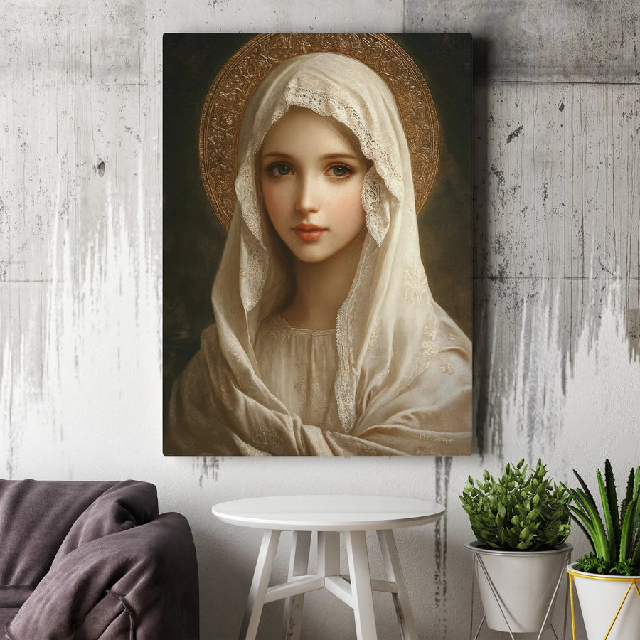 Virgin Mary Canvas Print | Religious Portrait with Golden Halo | Premium Gallery Wrapped Wall Art | Catholic Home Decor Gift for Believers
