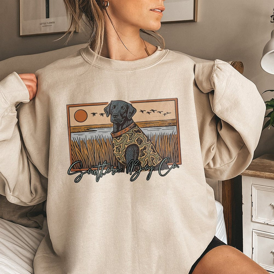 Black Lab Marsh Sweatshirt | Hunting Dog Graphic Print | Premium Cotton Blend | Unisex Country Life Gift for Dog Lovers