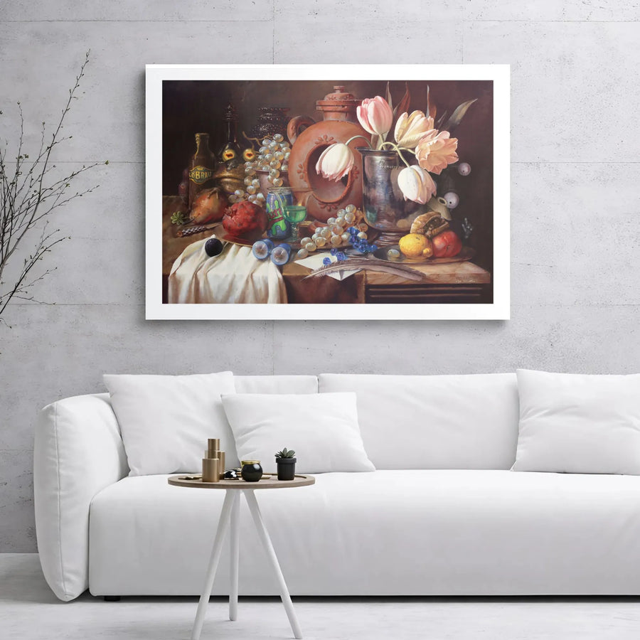 Classical Still Life Canvas Print | Dutch Master Floral & Fruit Art | 1.25 Inch Gallery Wrap | Kitchen Dining Room Wall Decor