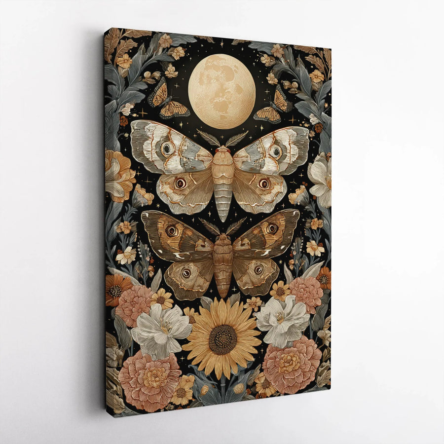 Celestial Moth Wall Art | Botanical Moon And Butterfly Print | Premium 1.25 Inch Thick Gallery Canvas | Witchy Cottagecore Home Decor Gift